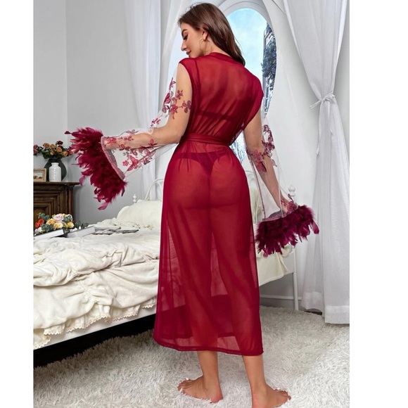 Butterfly and Floral Embroidered Feather Belted Robe π - Picture 7 of 7